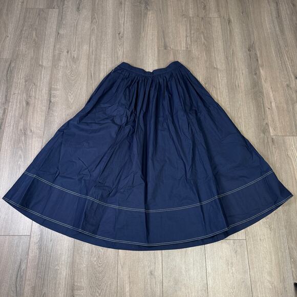 J.Crew Christina Midi Skirt 12T Blue Contrast Stitch Cotton Poplin Elastic Waist - Picture 1 of 6